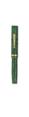 Two Boston jade celluloid pens: 1926 vest pen * ring top with gold-filled band at cap bottom.